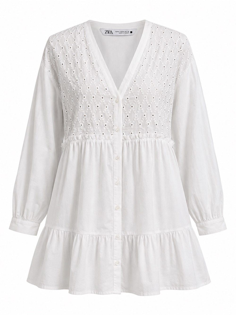 ZARA White Eyelet Embroidered Dress Tiered Mini Poplin Size M Button Front